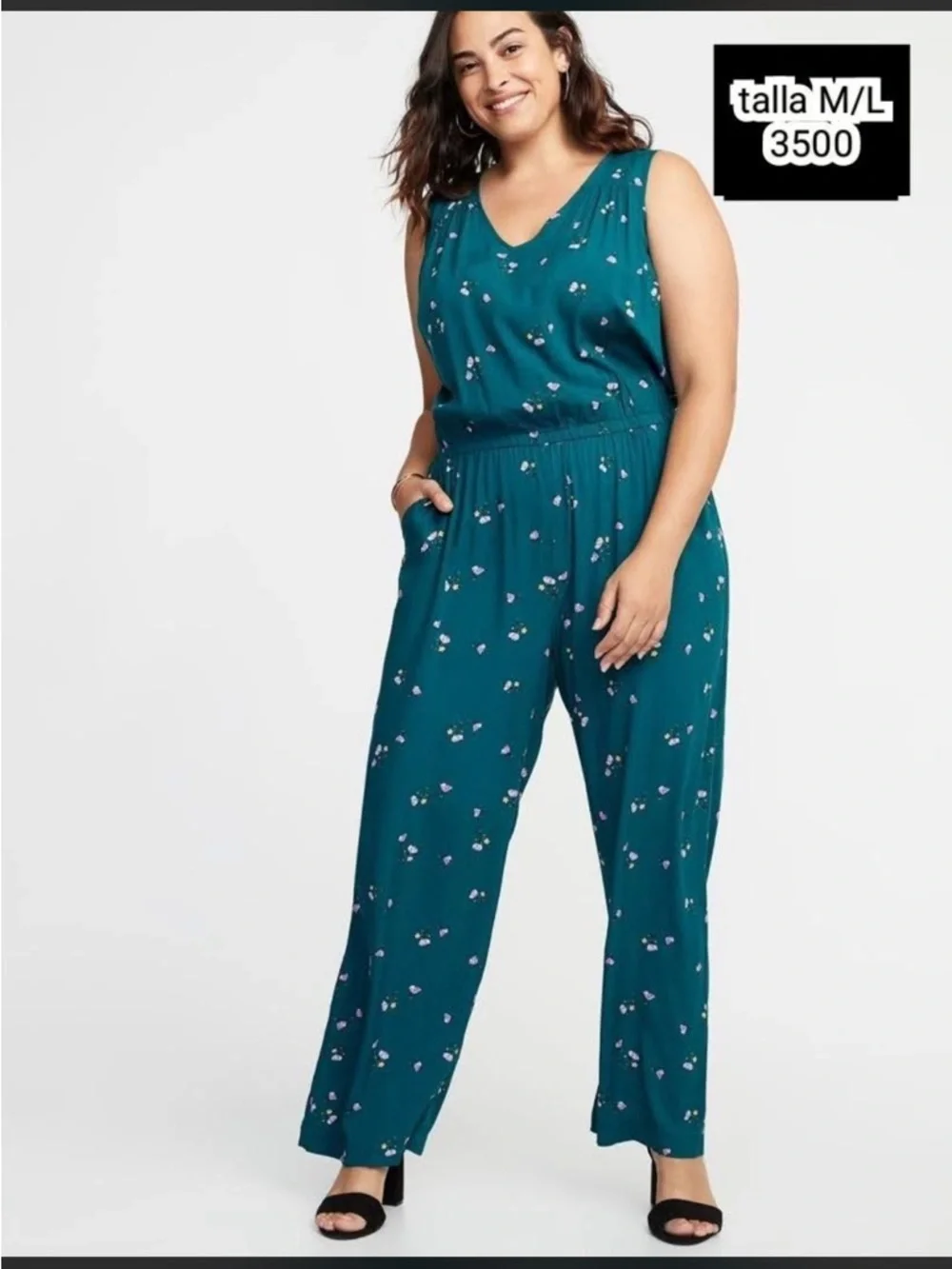 Old Navy Teal V-Neck Floral Sleeveless Jumpsuit